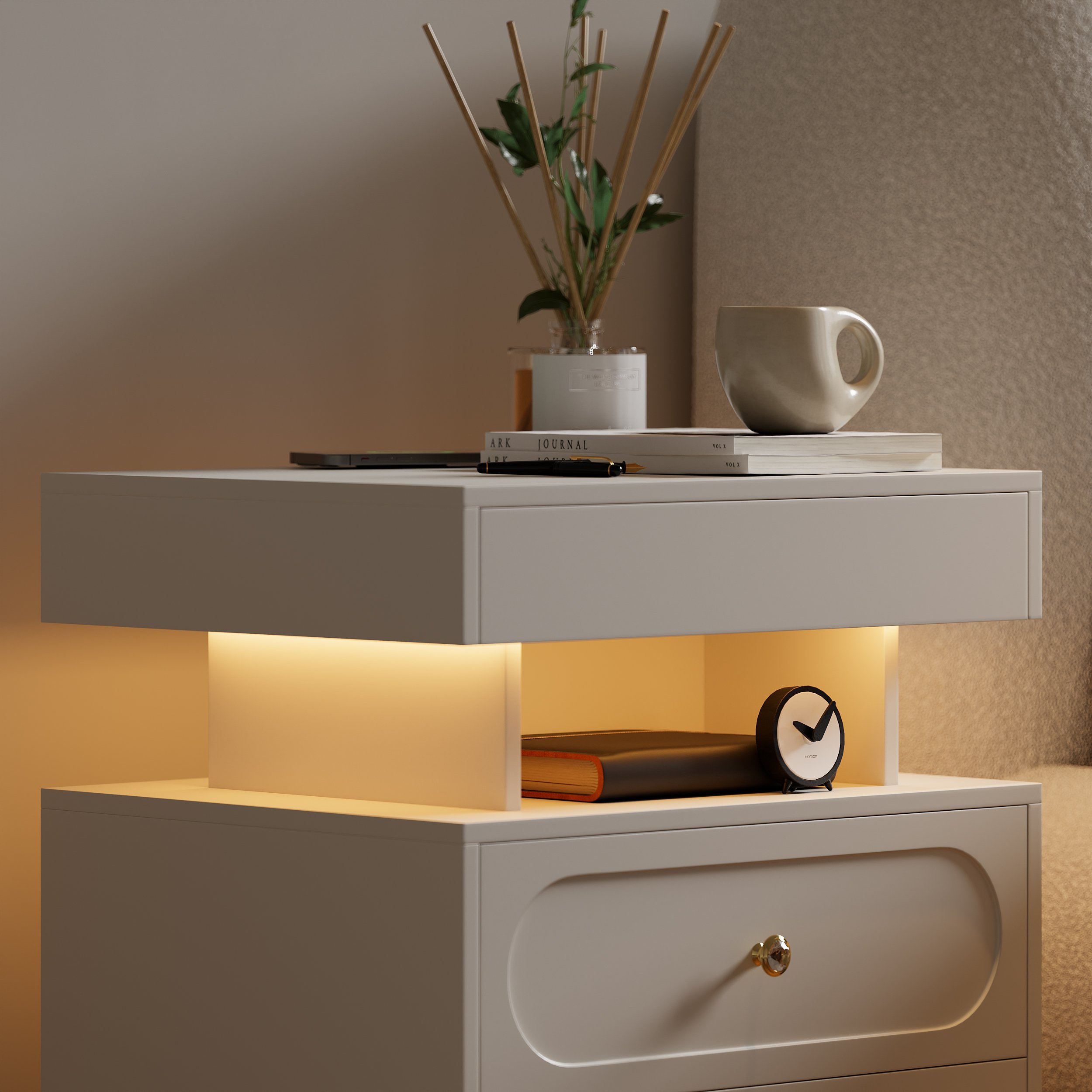 HMR Floating 3-Drawer LED Smart Nightstand with Light - White, Set Of 2