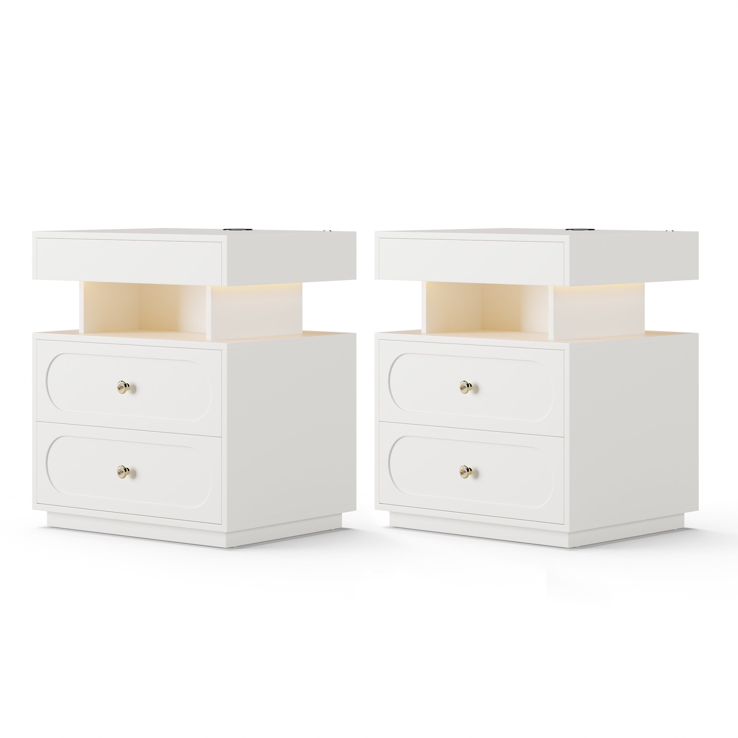 HMR Floating 3-Drawer LED Smart Nightstand with Light - White, Set Of 2