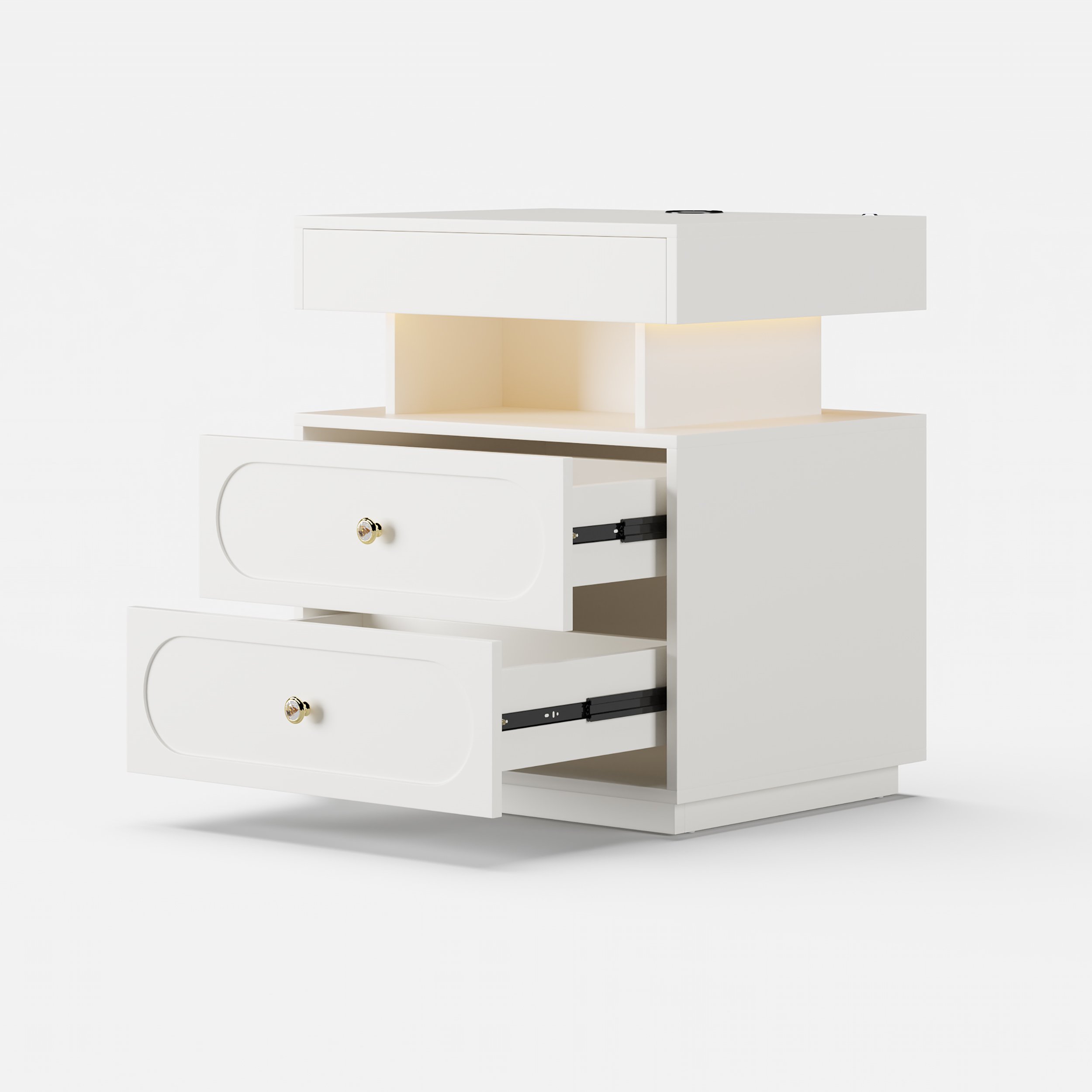 HMR Floating 3-Drawer LED Smart Nightstand with Light - White, Set Of 2