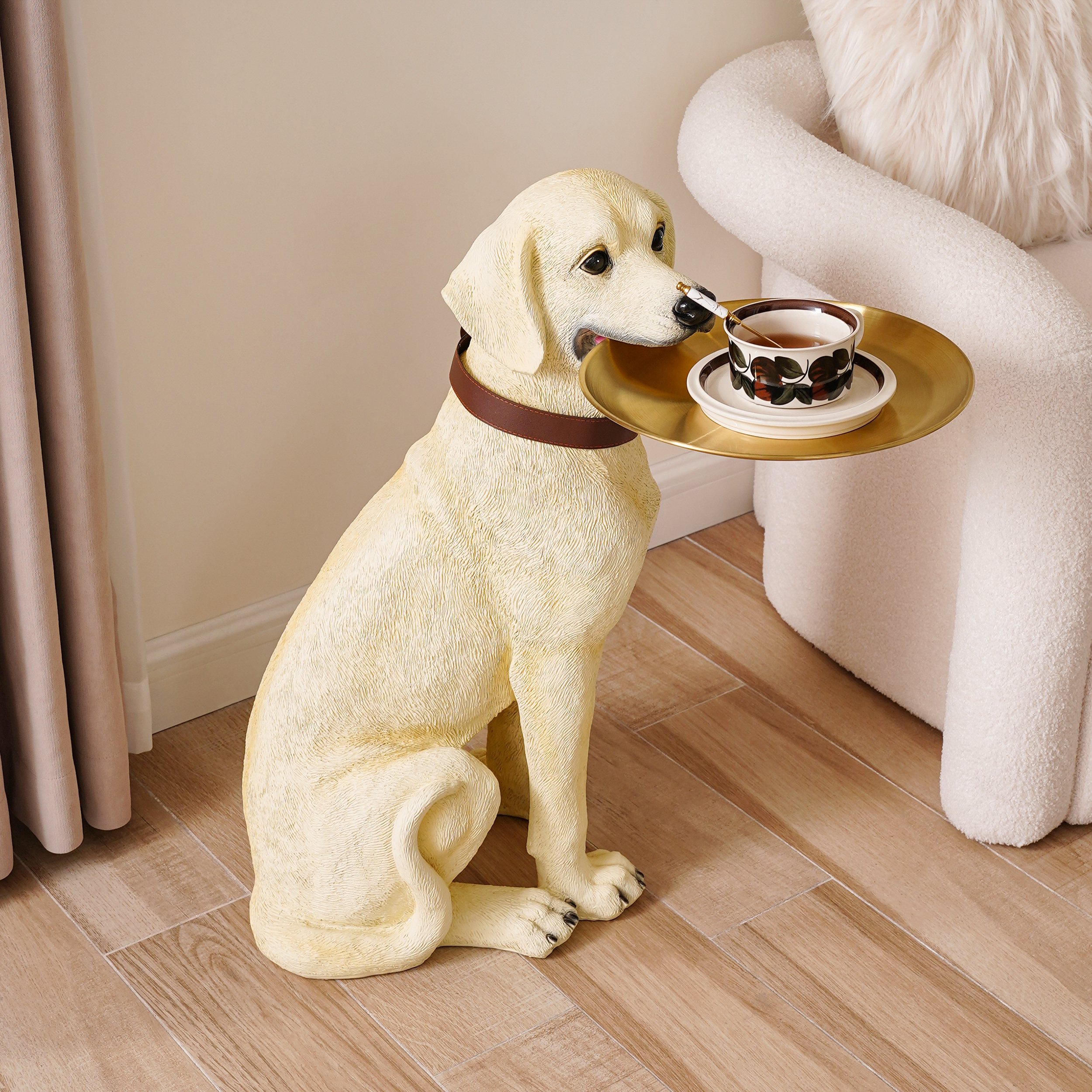 HMR - Modern Beige Resin Dog Sculpture Cute End Side Table with Stainless Steel Storage Tray