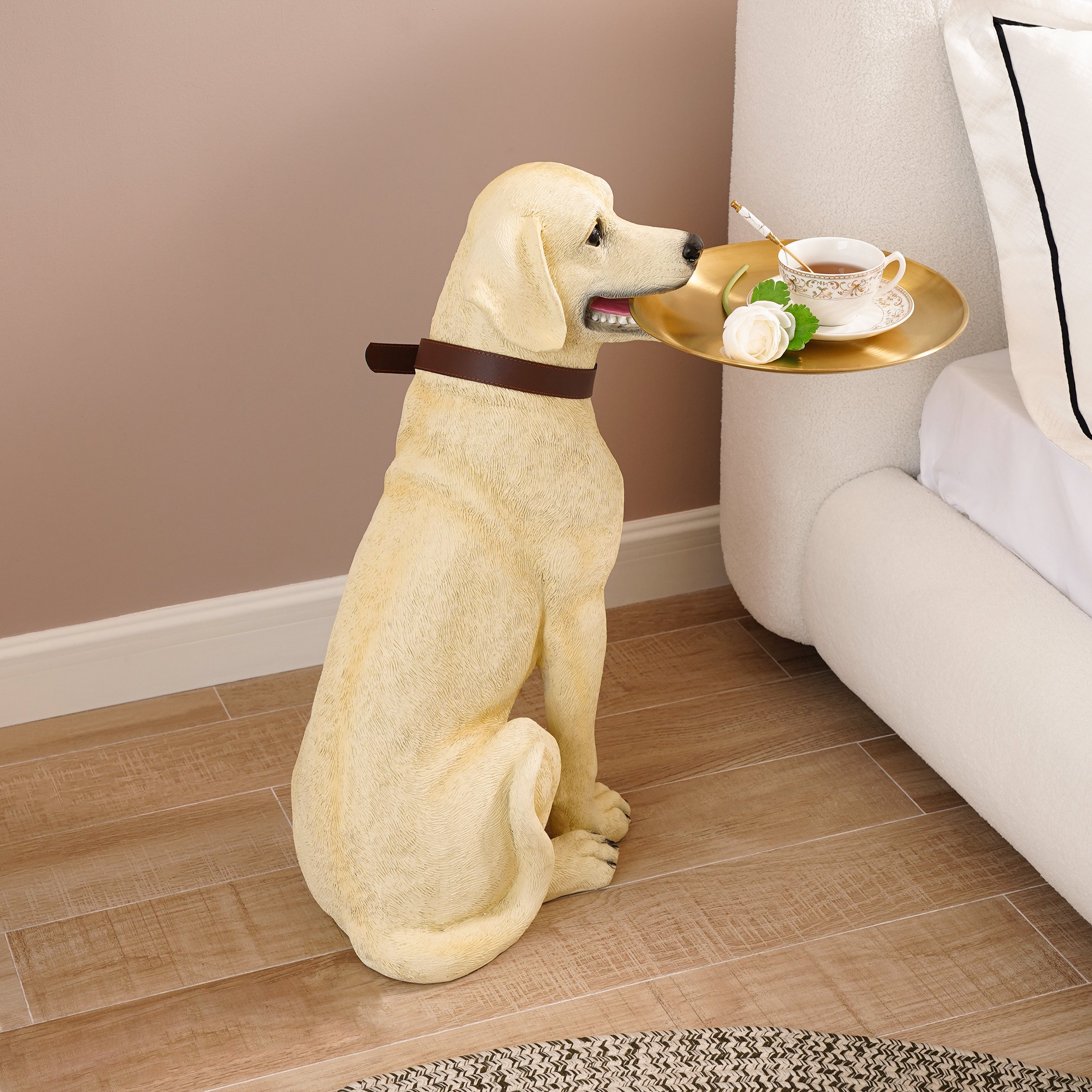 HMR - Modern Beige Resin Dog Sculpture Cute End Side Table with Stainless Steel Storage Tray