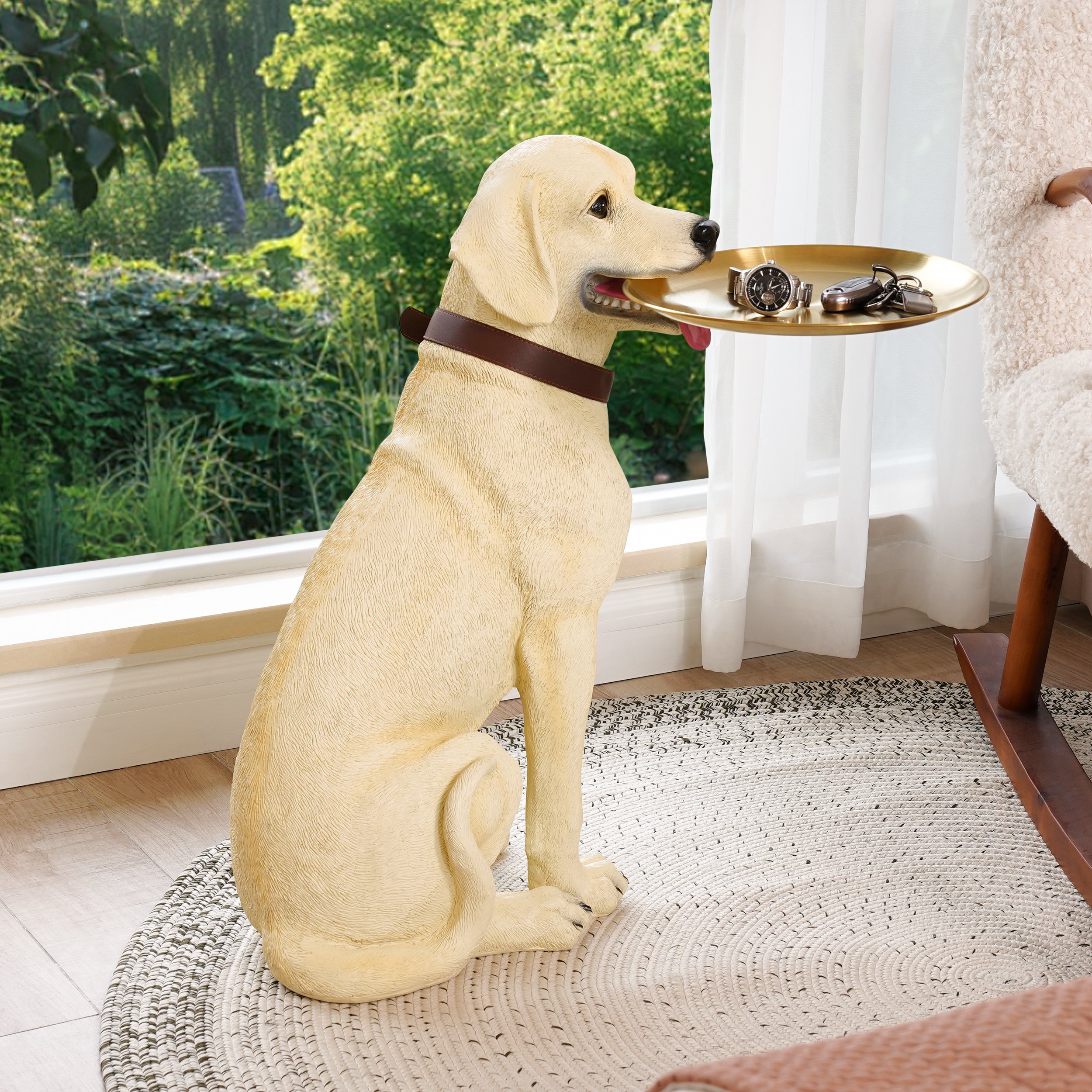 HMR - Modern Beige Resin Dog Sculpture Cute End Side Table with Stainless Steel Storage Tray