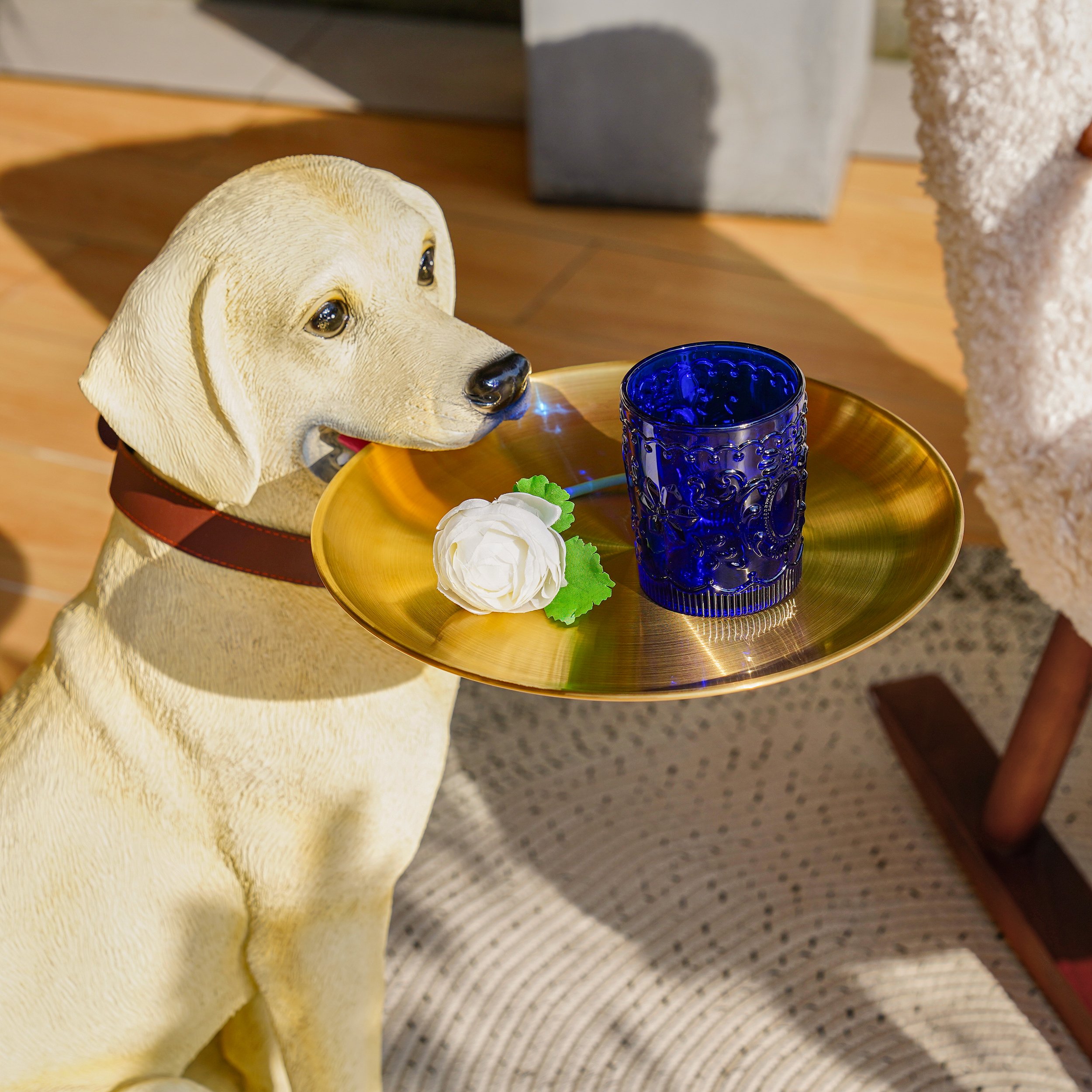 HMR - Modern Beige Resin Dog Sculpture Cute End Side Table with Stainless Steel Storage Tray