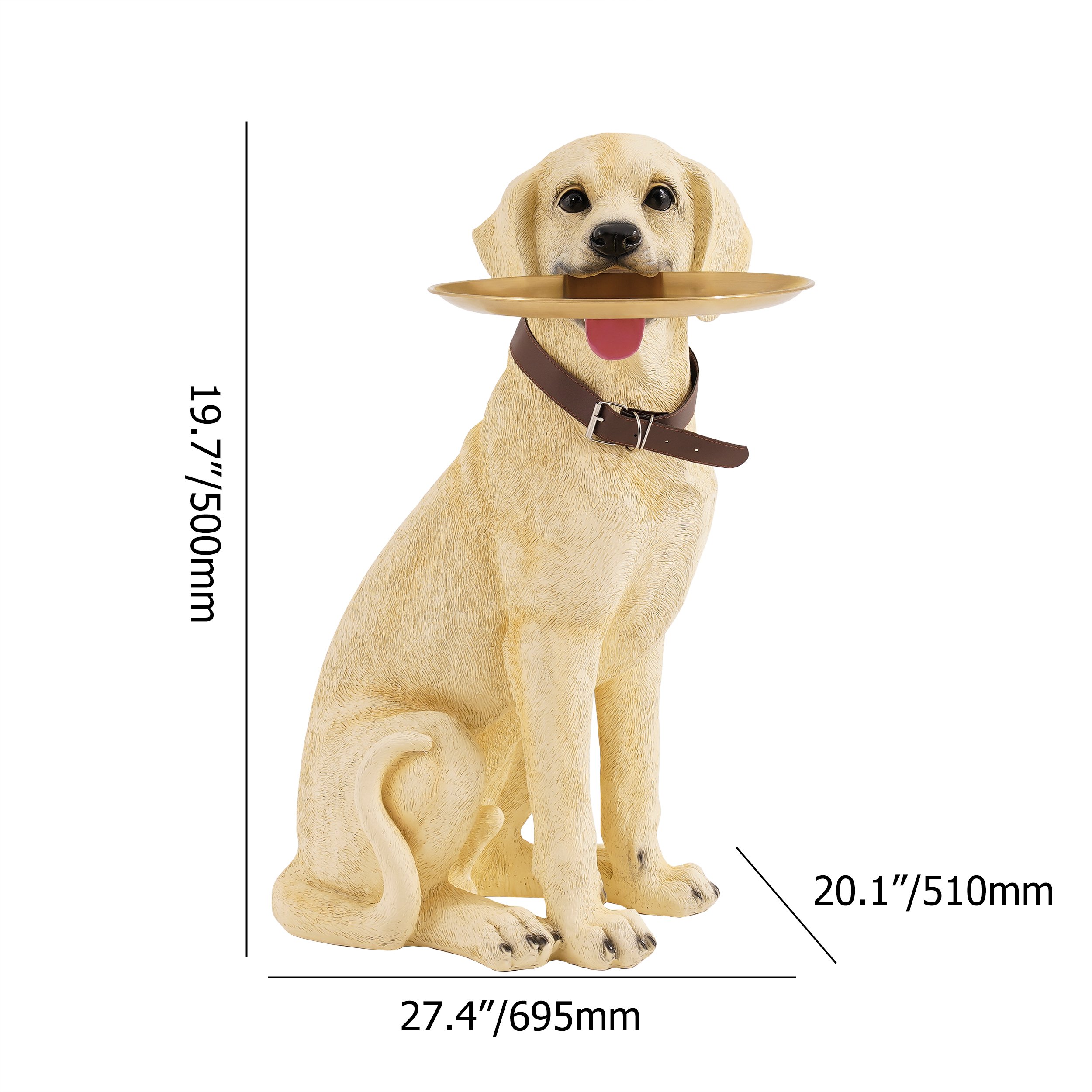 HMR - Modern Beige Resin Dog Sculpture Cute End Side Table with Stainless Steel Storage Tray