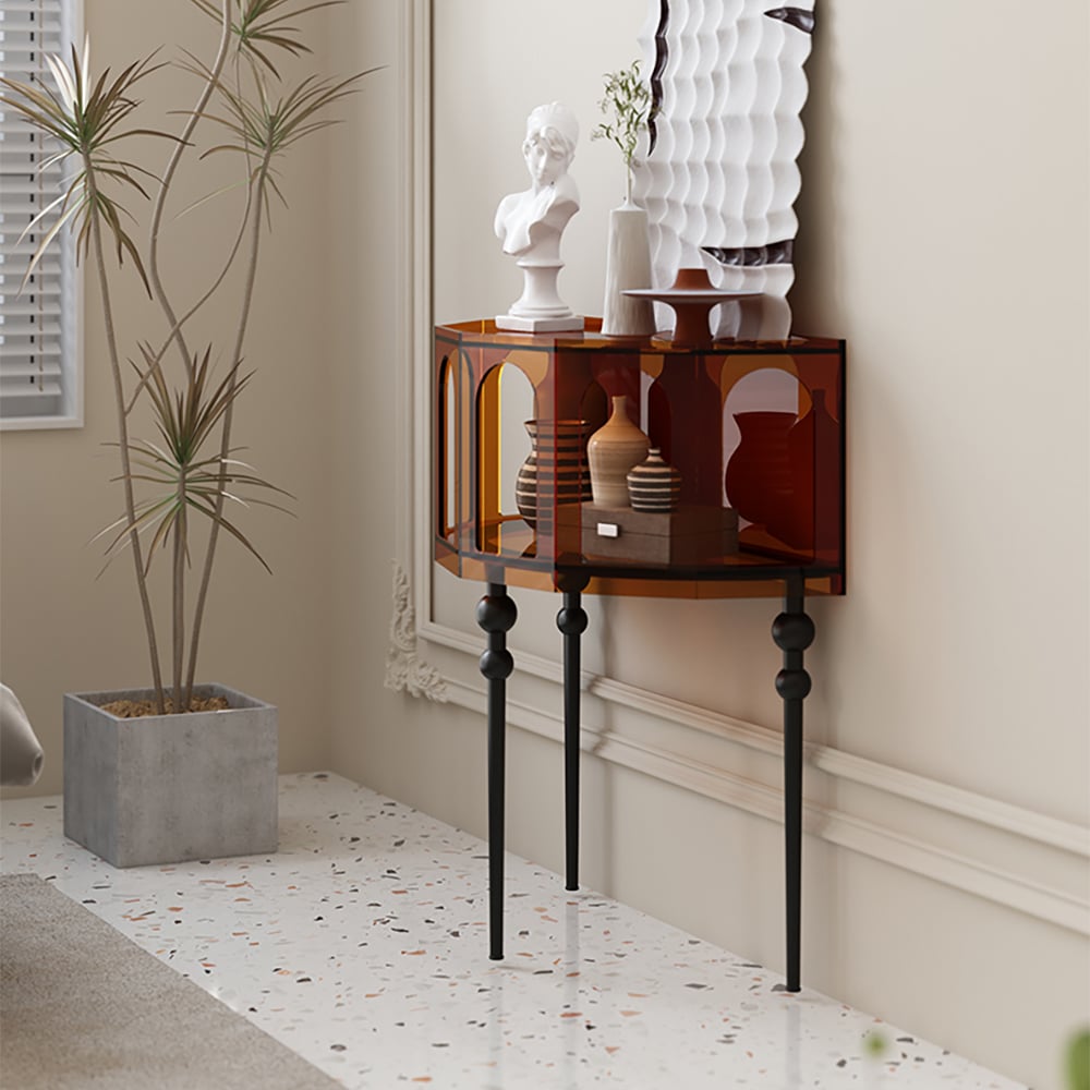 HMR - 37" Brown Acrylic Demilune Console Table Open Storage Mid Century Modern Entryway Table