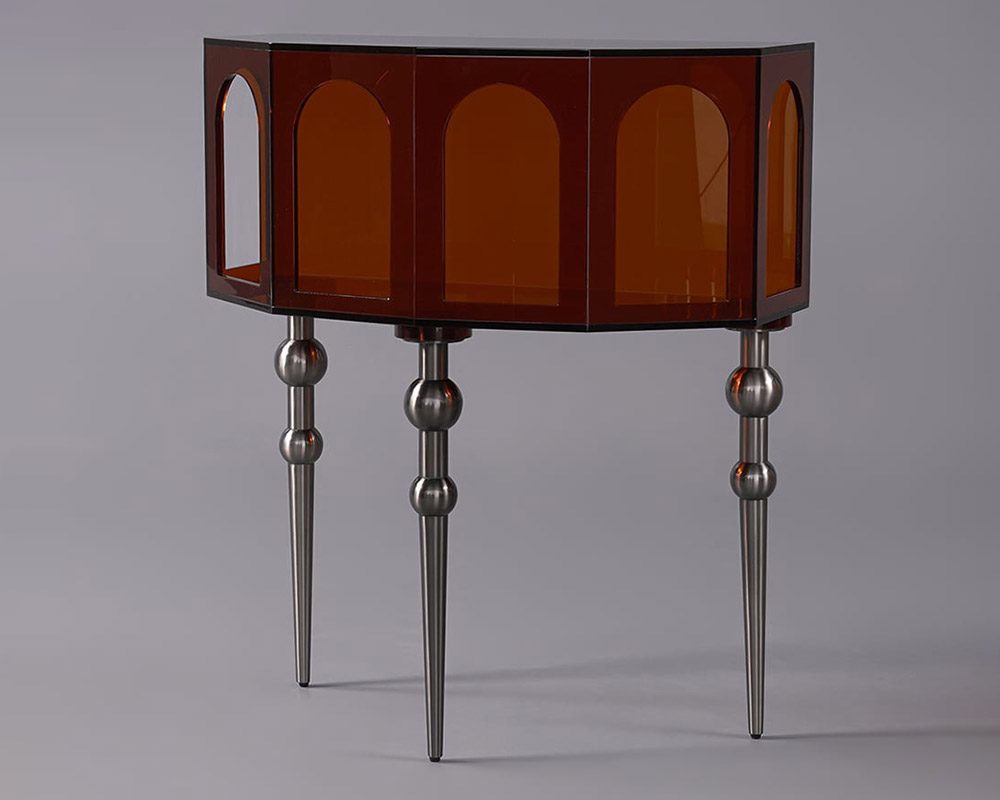 HMR - 37" Brown Acrylic Demilune Console Table Open Storage Mid Century Modern Entryway Table
