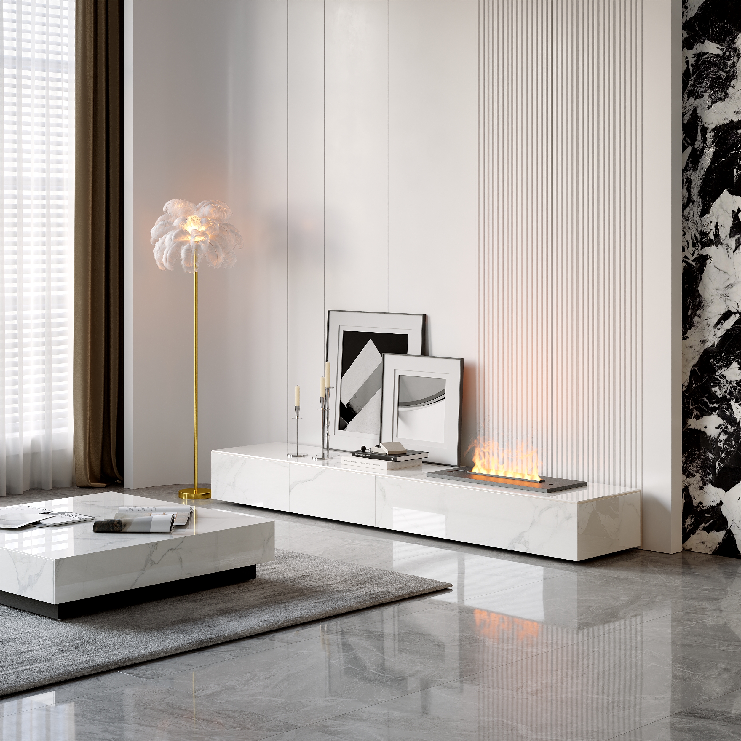 HMR Sintered Stone Electric Fireplace Humidifier TV Stand & 39" Coffee Table Set - White, 86.6"W x 15.7"D x 10"H