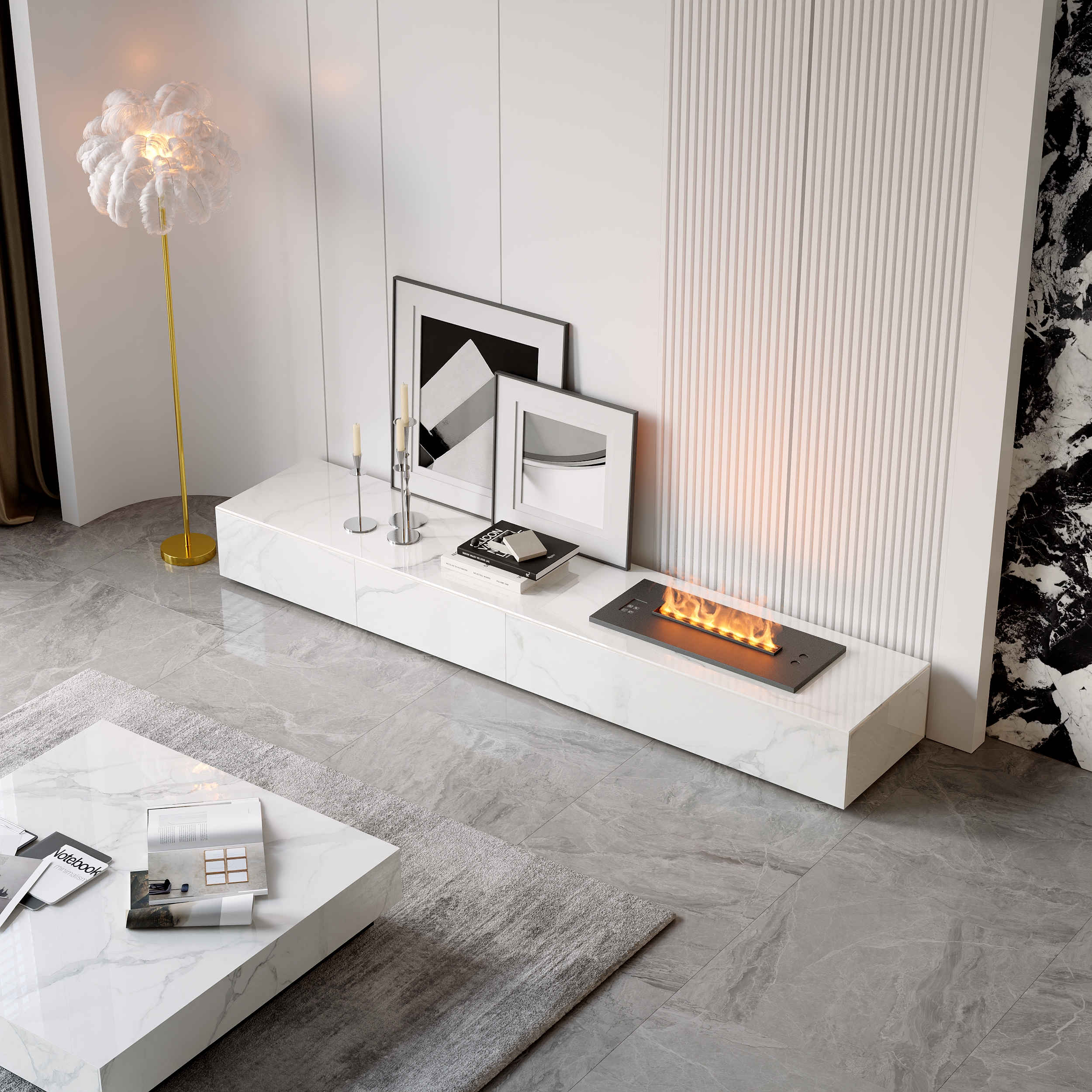 HMR Sintered Stone Electric Fireplace Humidifier TV Stand & 39" Coffee Table Set - White, 86.6"W x 15.7"D x 10"H
