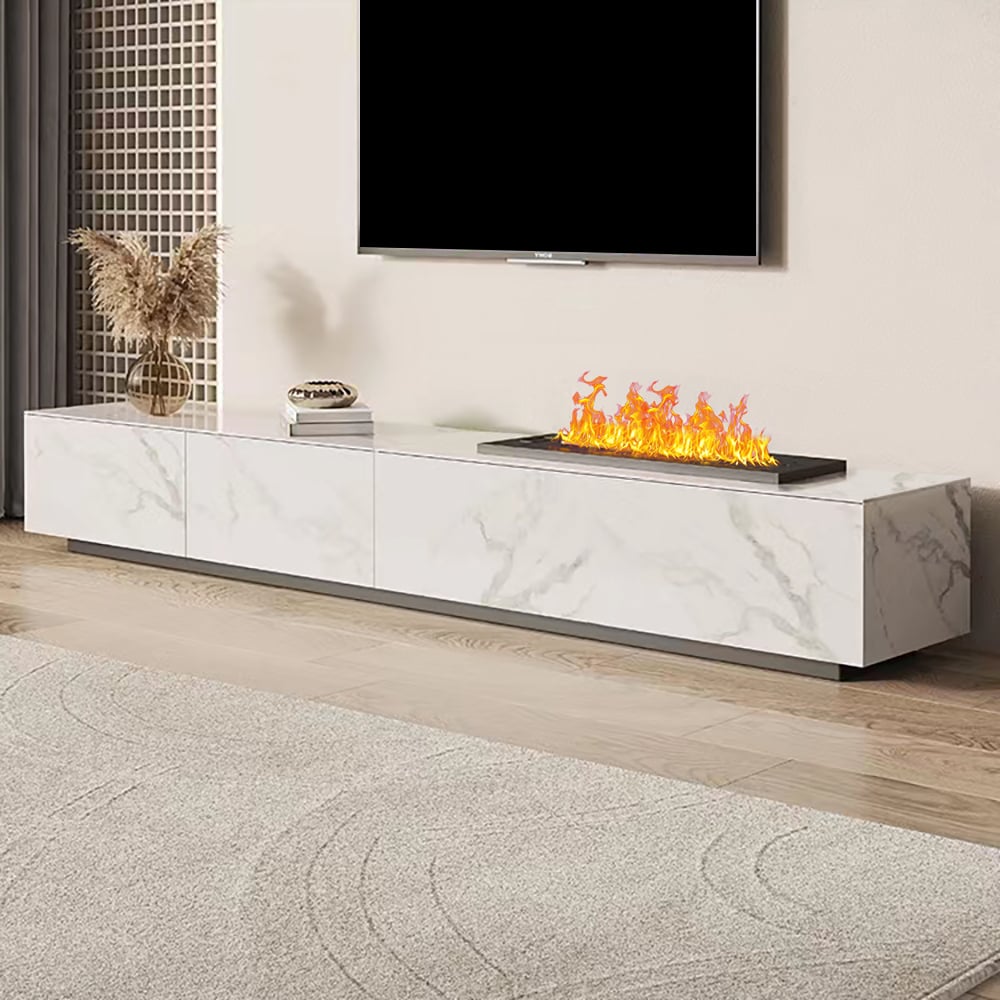 HMR Sintered Stone Electric Fireplace Humidifier TV Stand & 39" Coffee Table Set - White, 86.6"W x 15.7"D x 10"H