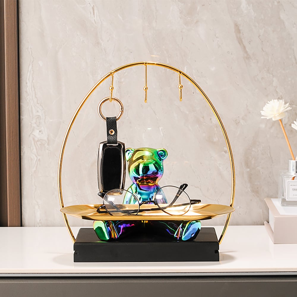 HMR - Colorful Electroplating Ceramic Trendy Bear Entrance Storage Tray With Hooks Key Holder