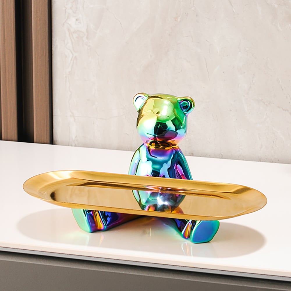 HMR - Colorful Electroplating Ceramic Trendy Bear Entrance Storage Tray With Hooks Key Holder