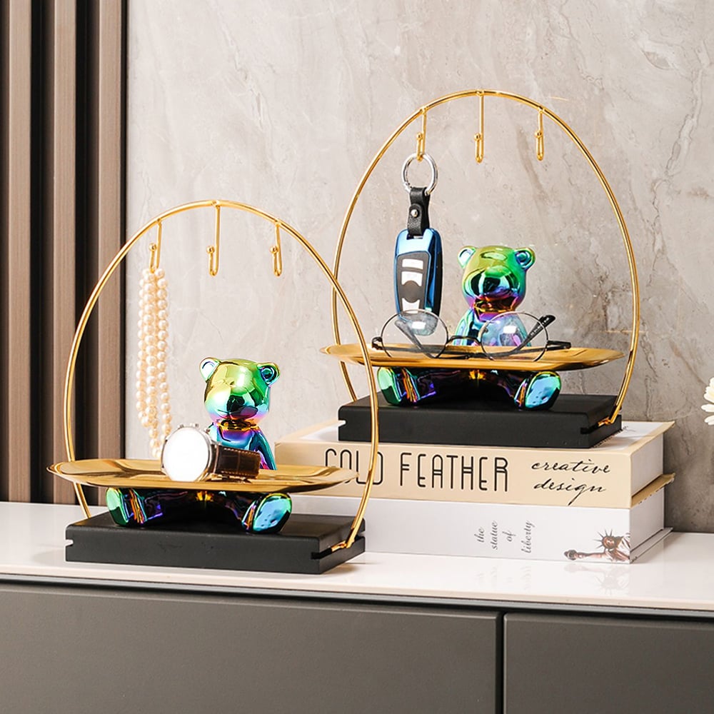 HMR - Colorful Electroplating Ceramic Trendy Bear Entrance Storage Tray With Hooks Key Holder
