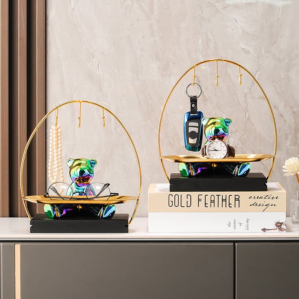 HMR - Colorful Electroplating Ceramic Trendy Bear Entrance Storage Tray With Hooks Key Holder