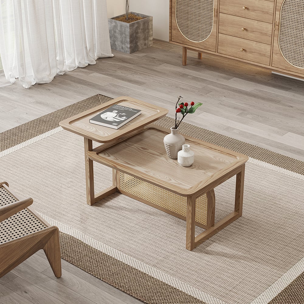 HMR - Modern 2 Piece Nesting Rattan Wood Coffee Table Set in Natural