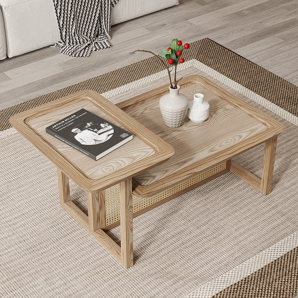 HMR - Modern 2 Piece Nesting Rattan Wood Coffee Table Set in Natural