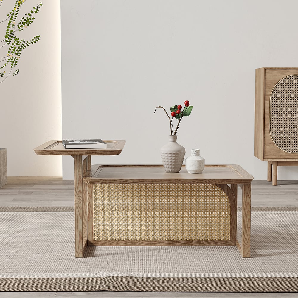 HMR - Modern 2 Piece Nesting Rattan Wood Coffee Table Set in Natural