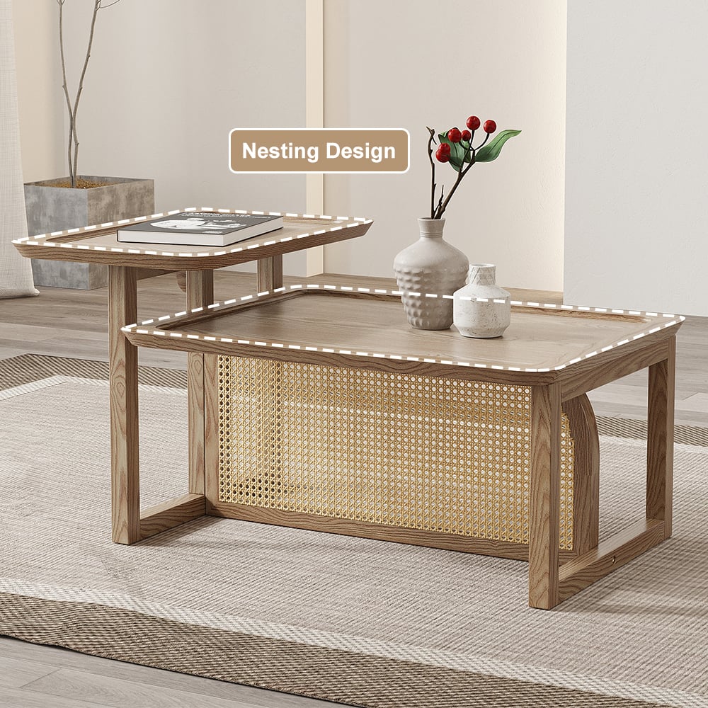 HMR - Modern 2 Piece Nesting Rattan Wood Coffee Table Set in Natural