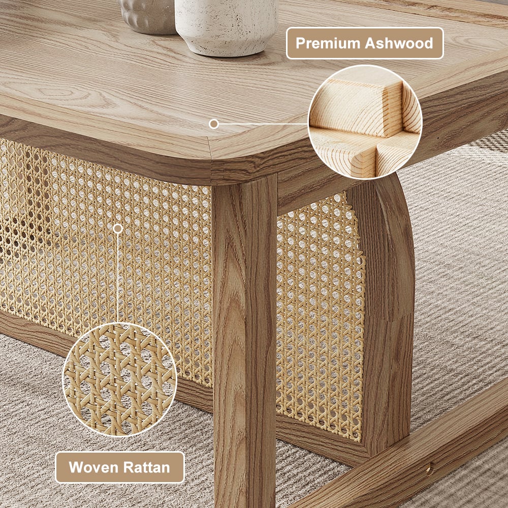 HMR - Modern 2 Piece Nesting Rattan Wood Coffee Table Set in Natural