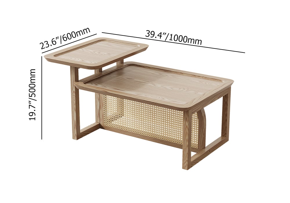 HMR - Modern 2 Piece Nesting Rattan Wood Coffee Table Set in Natural