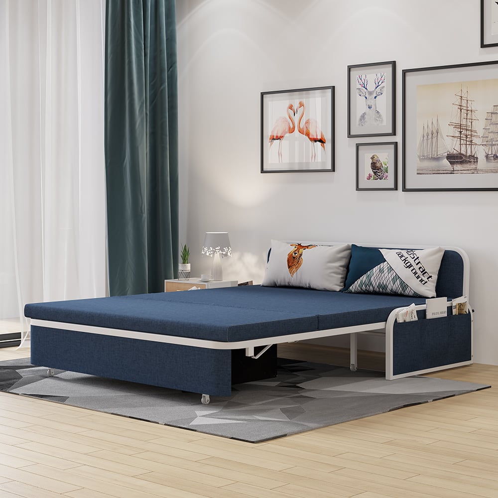 HMR Modern 2-Seater Linen Sleeper Sofa with Trundle - Blue, Queen Size