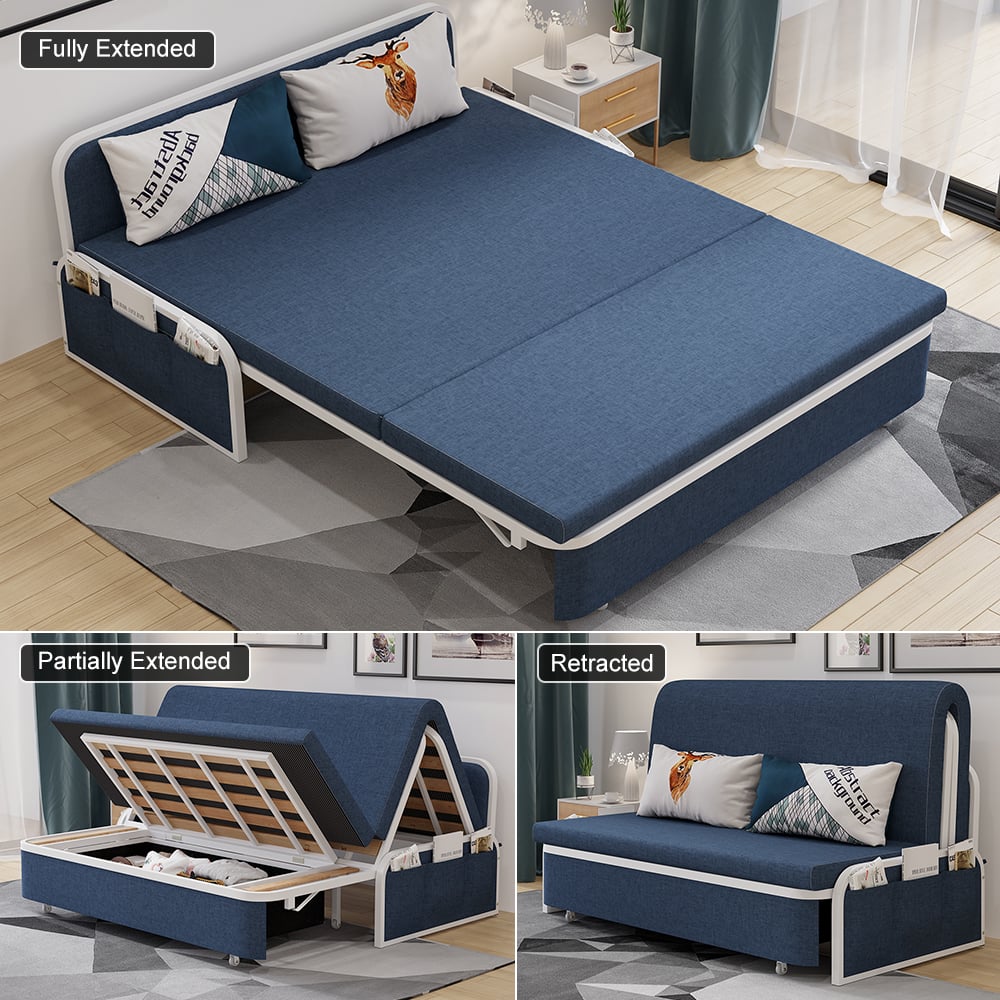 HMR Modern 2-Seater Linen Sleeper Sofa with Trundle - Blue, Queen Size