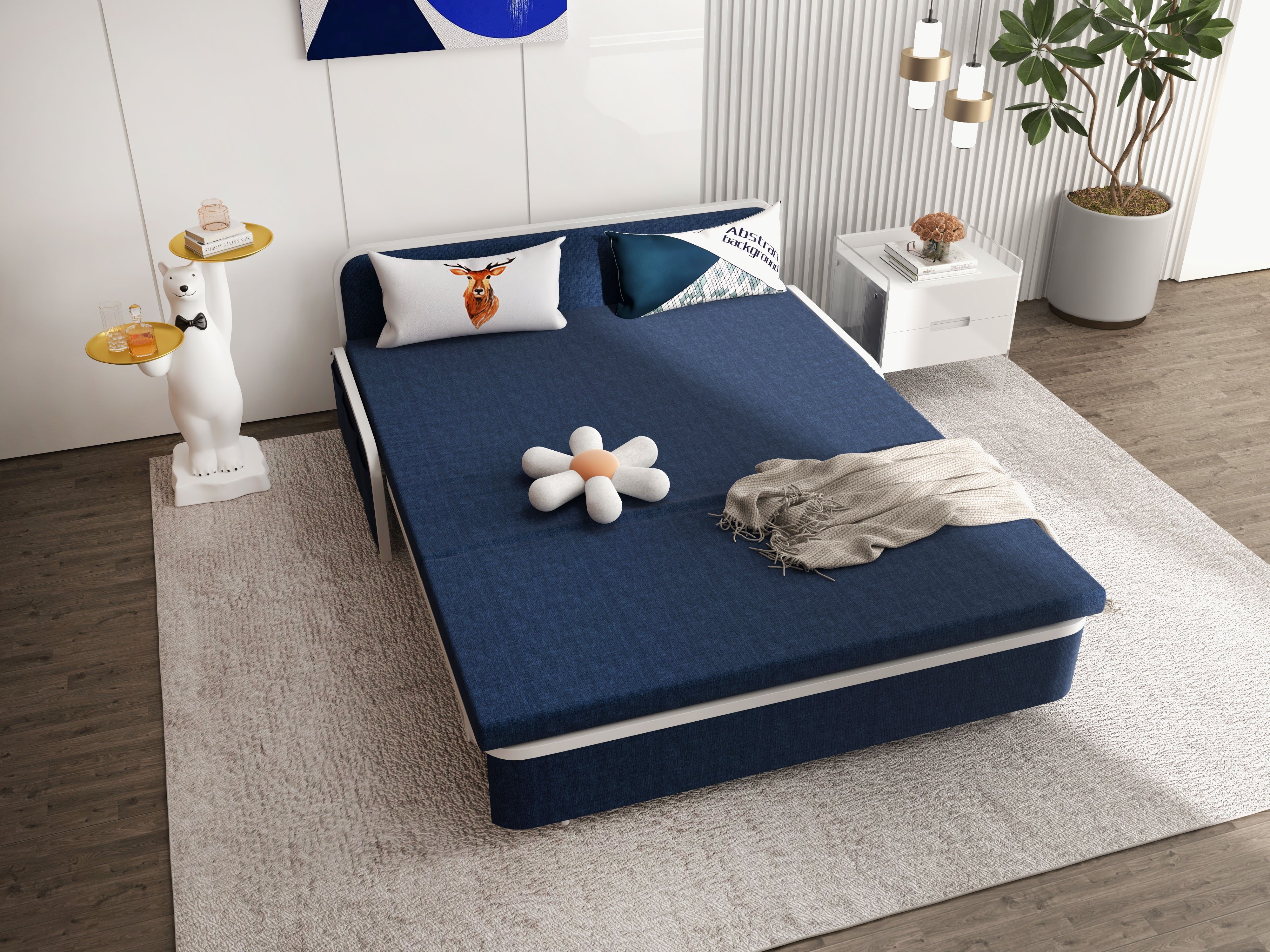 HMR Modern 2-Seater Linen Sleeper Sofa with Trundle - Blue, Queen Size