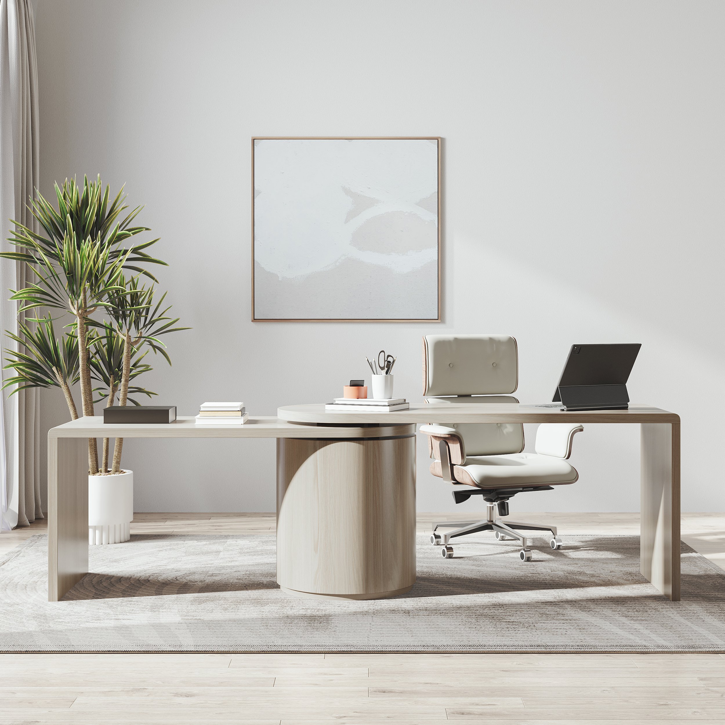 HMR Modern Set L-Shaped Desk & Reclining Leather Office Adjustable Swivel Chair - Wash White