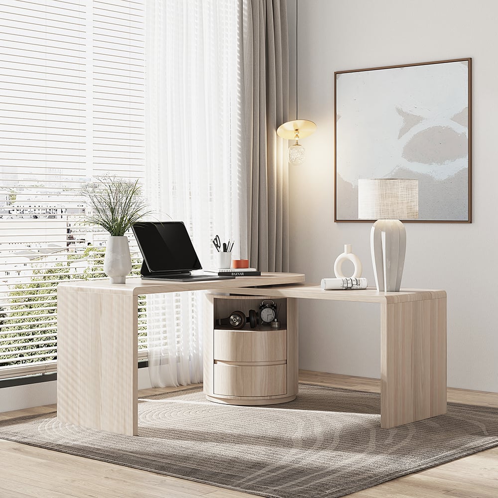 HMR Modern Set L-Shaped Desk & Reclining Leather Office Adjustable Swivel Chair - Wash White