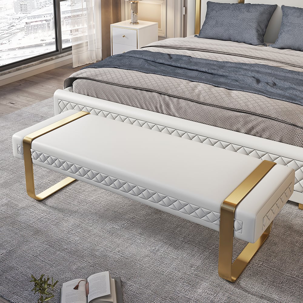 HMR - Modern White Faux Leather Upholstered Bedroom Bench with Stainless Steel Frame