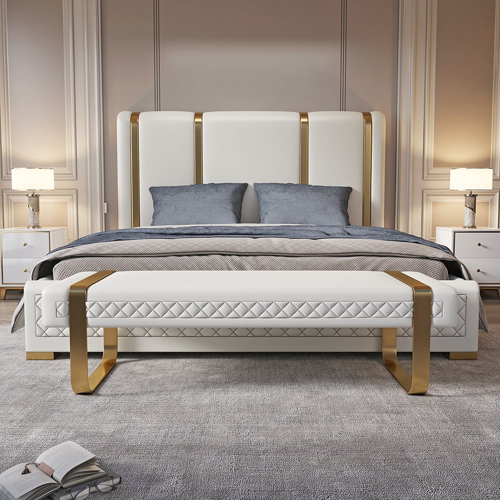 HMR - Modern White Faux Leather Upholstered Bedroom Bench with Stainless Steel Frame
