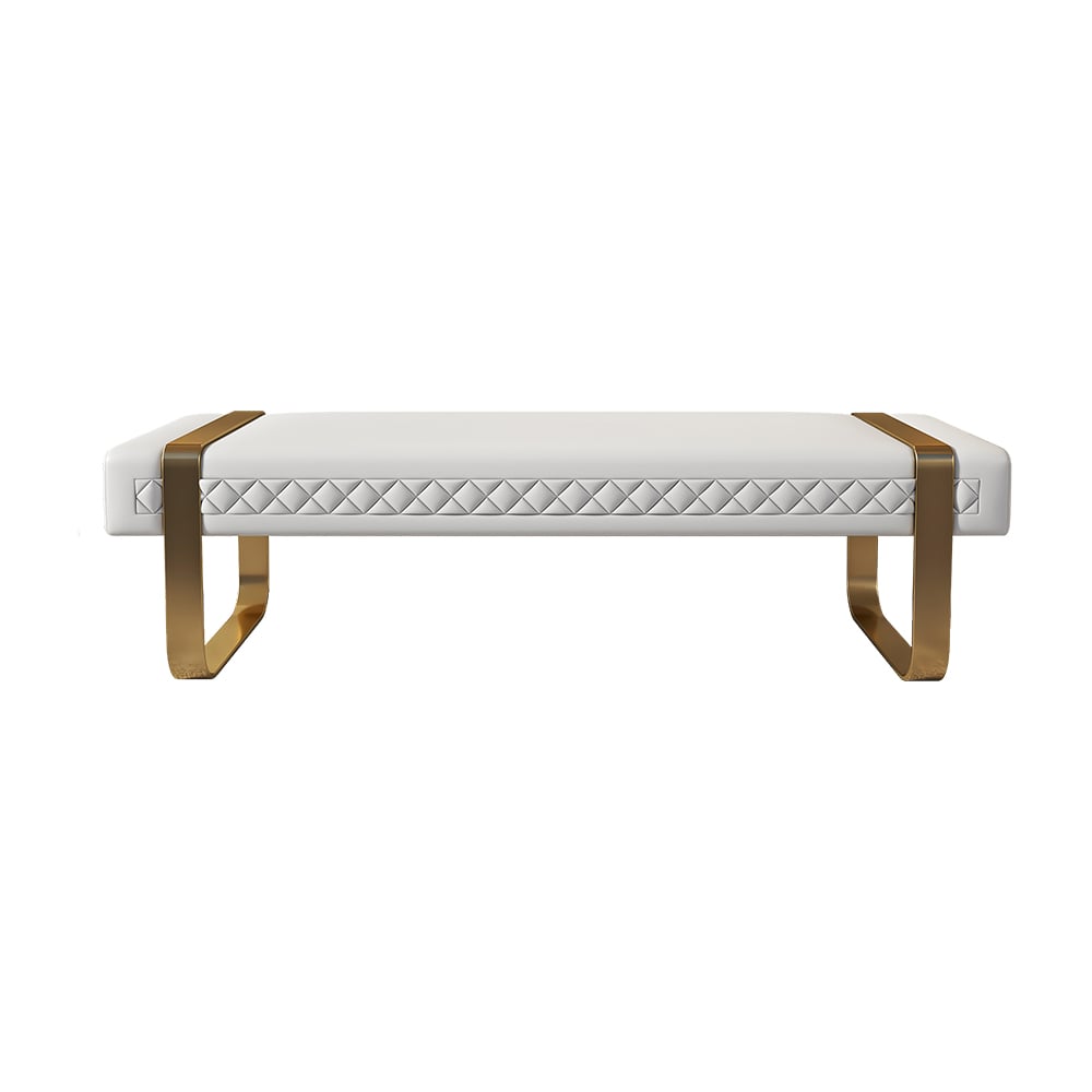 HMR - Modern White Faux Leather Upholstered Bedroom Bench with Stainless Steel Frame