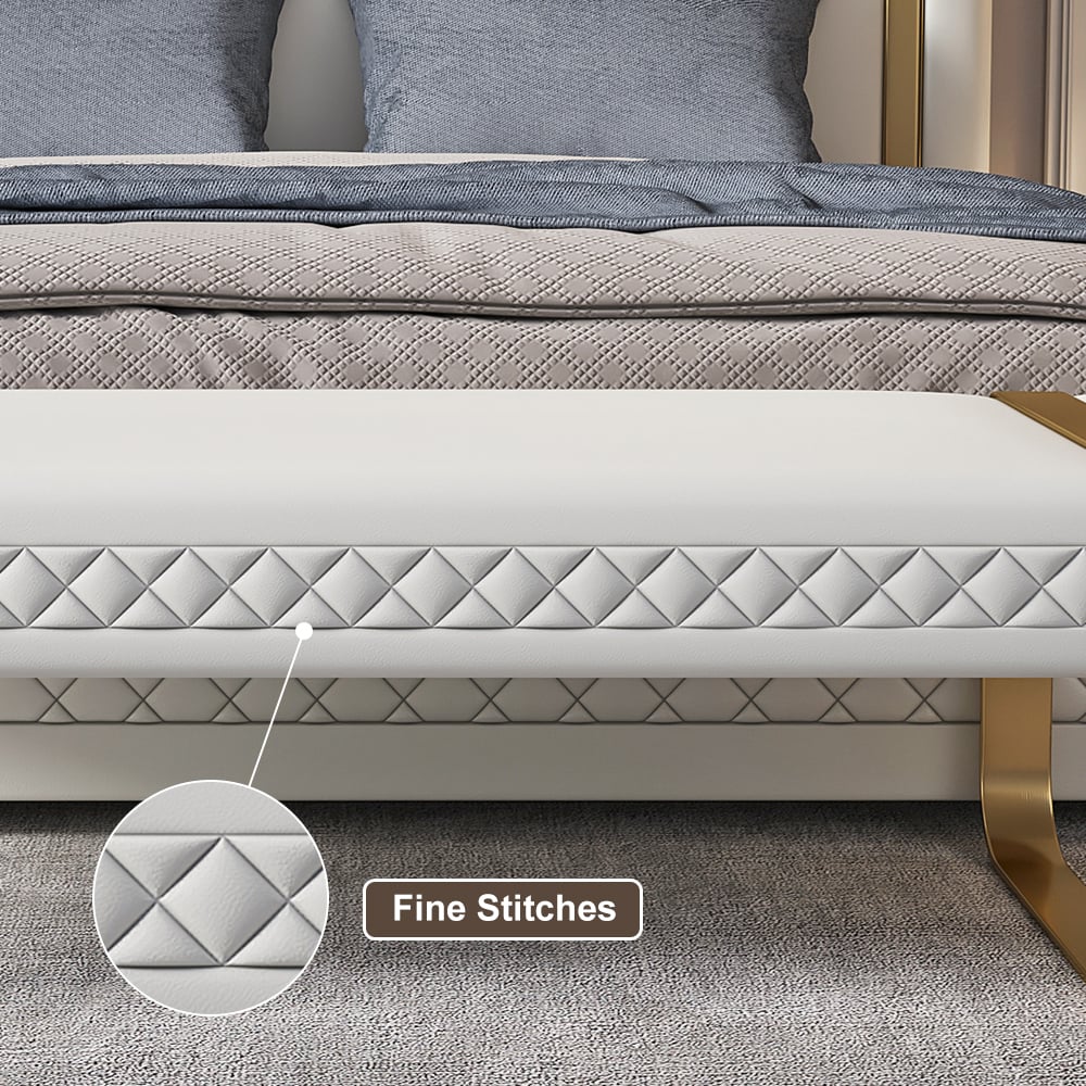 HMR - Modern White Faux Leather Upholstered Bedroom Bench with Stainless Steel Frame