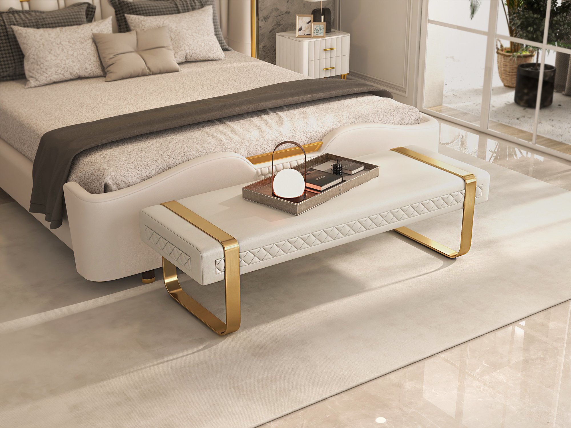 HMR - Modern White Faux Leather Upholstered Bedroom Bench with Stainless Steel Frame