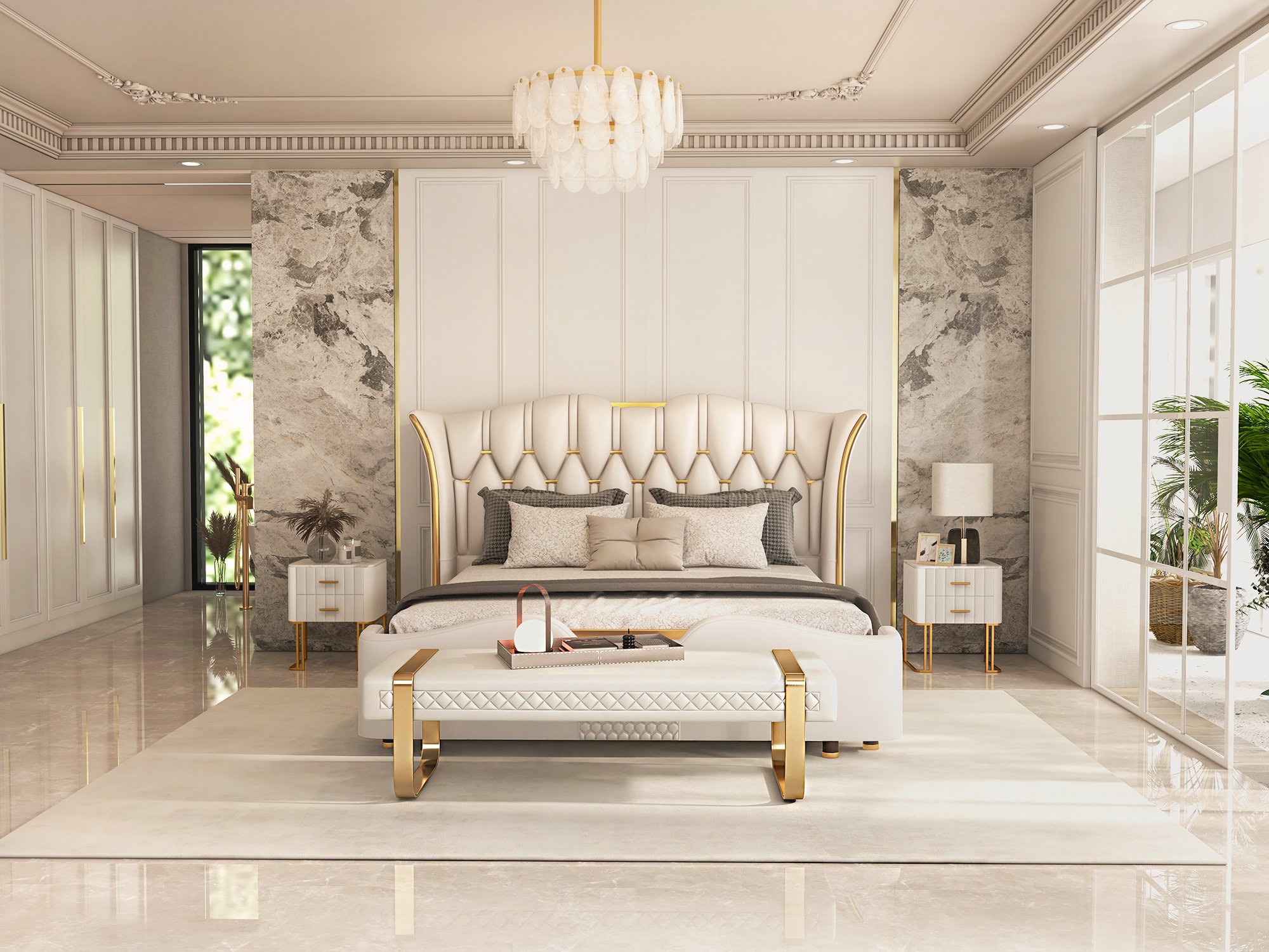 HMR - Modern White Faux Leather Upholstered Bedroom Bench with Stainless Steel Frame