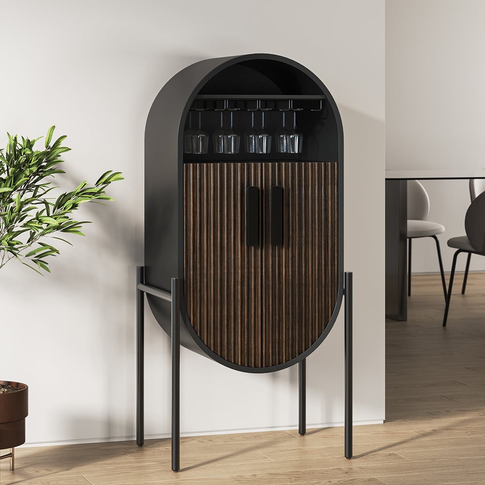 HMR - Industrial Black Oval Bar Cabinet with Glass & Wine Rack Home Bar Cabinet