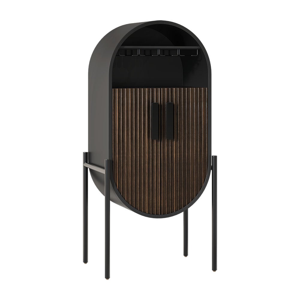 HMR - Industrial Black Oval Bar Cabinet with Glass & Wine Rack Home Bar Cabinet