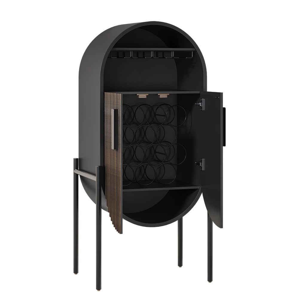 HMR - Industrial Black Oval Bar Cabinet with Glass & Wine Rack Home Bar Cabinet