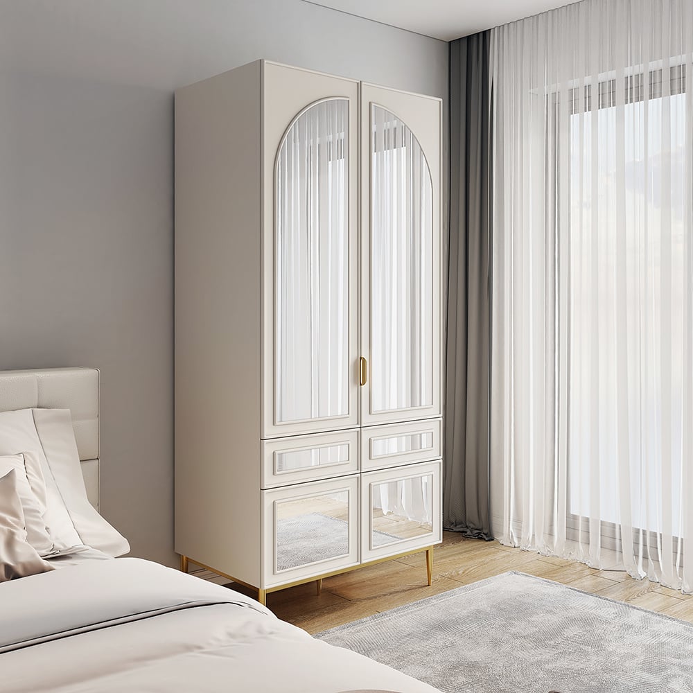 HMR - Modern Farmhouse White Armoire Clothes Cabinet with Arched Mirror 2 Drawers & 4 Doors