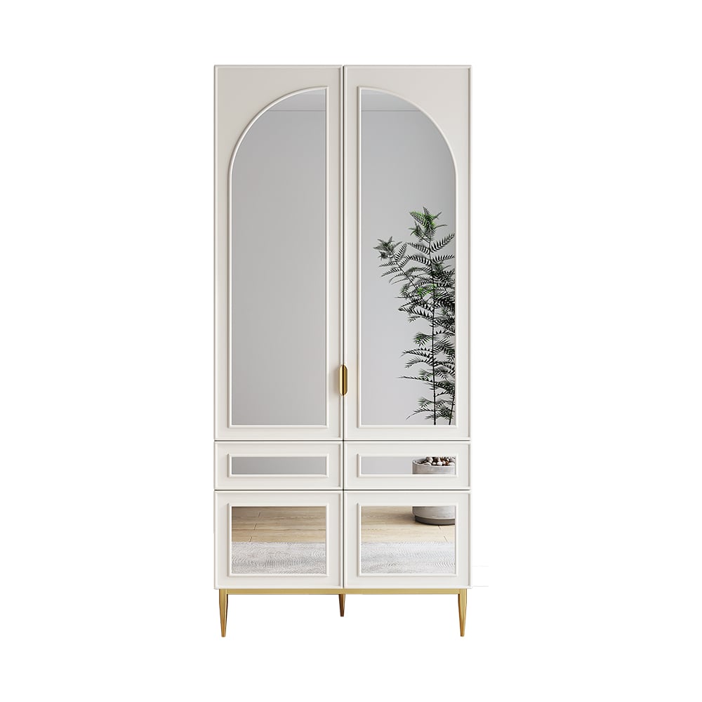 HMR - Modern Farmhouse White Armoire Clothes Cabinet with Arched Mirror 2 Drawers & 4 Doors