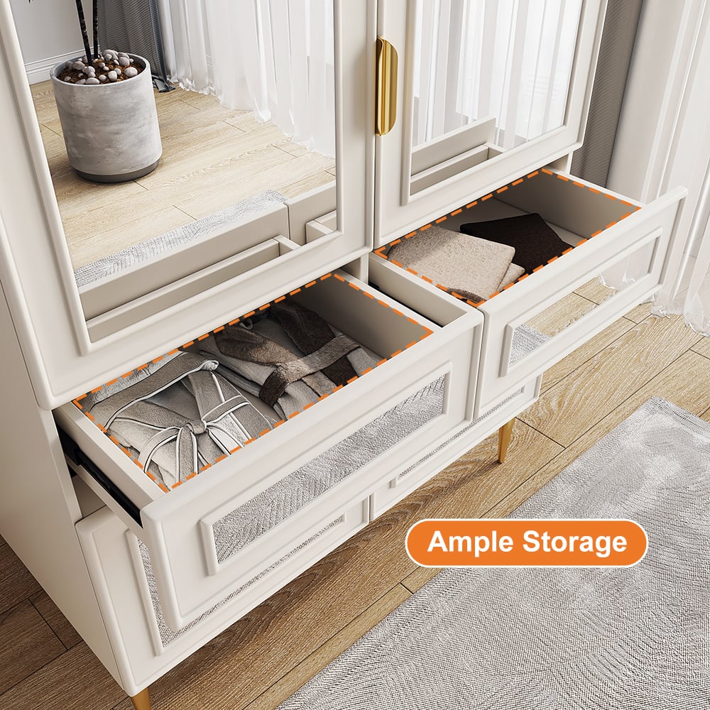 HMR - Modern Farmhouse White Armoire Clothes Cabinet with Arched Mirror 2 Drawers & 4 Doors