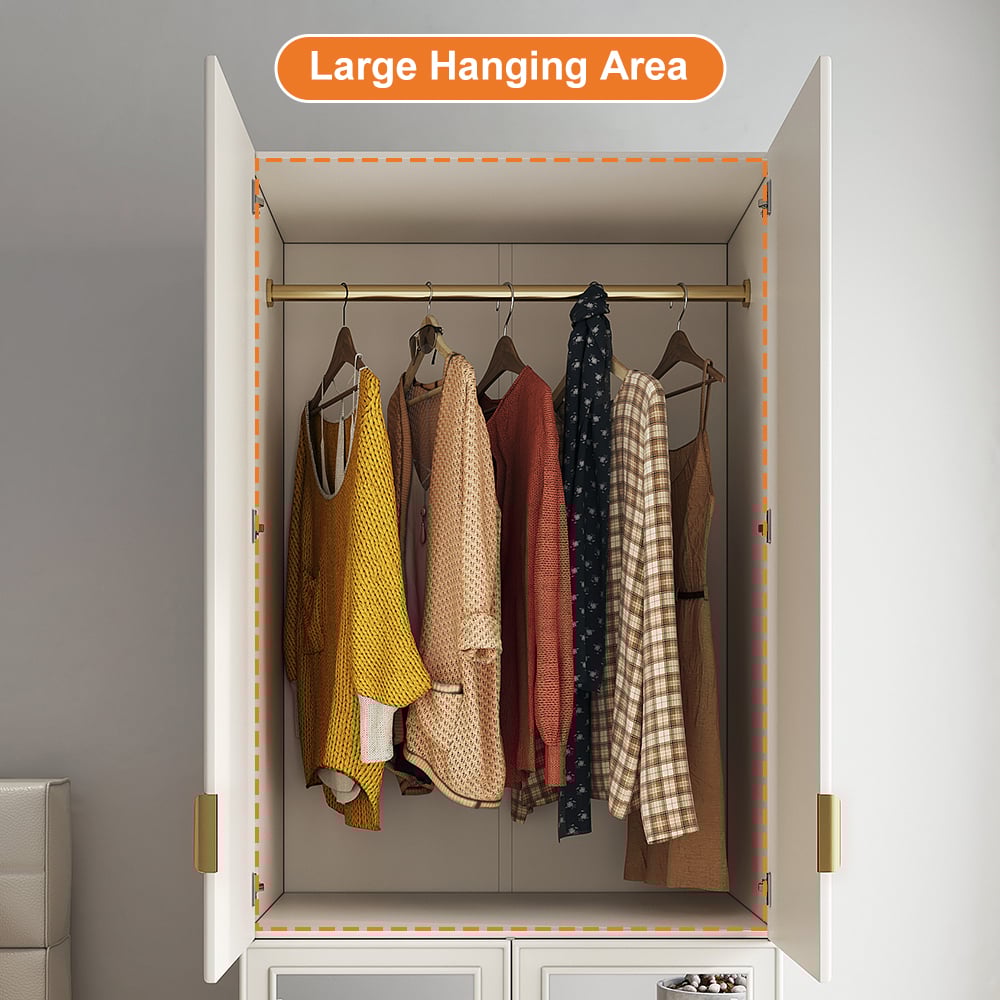 HMR - Modern Farmhouse White Armoire Clothes Cabinet with Arched Mirror 2 Drawers & 4 Doors