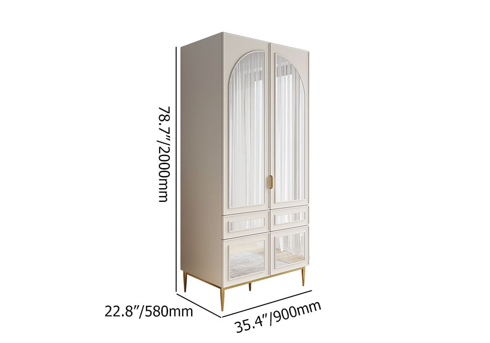 HMR - Modern Farmhouse White Armoire Clothes Cabinet with Arched Mirror 2 Drawers & 4 Doors