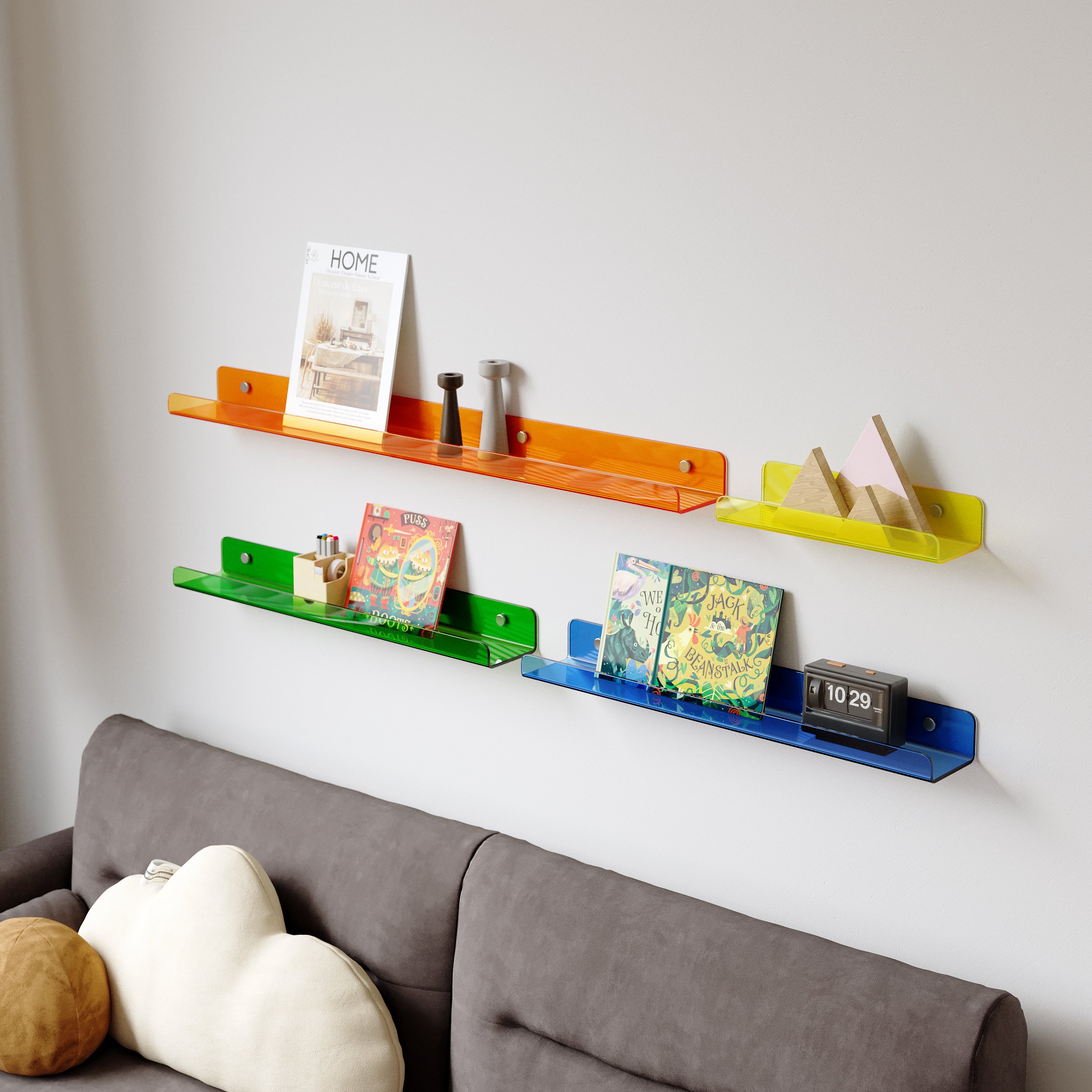 HMR - 4-Piece Neon Color Acrylic Wall Shelves Decorative Wall Mounted Floating Shelves