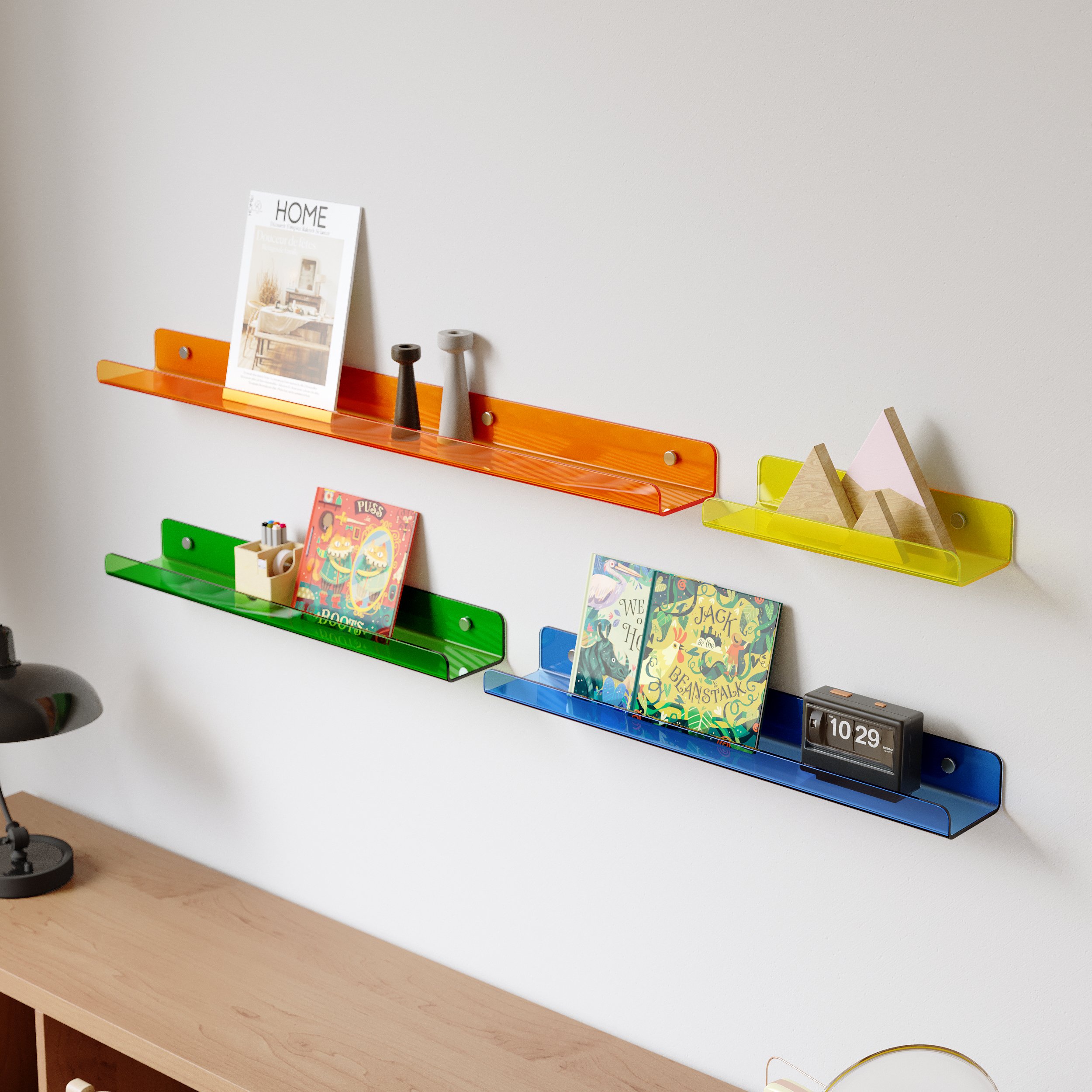 HMR - 4-Piece Neon Color Acrylic Wall Shelves Decorative Wall Mounted Floating Shelves