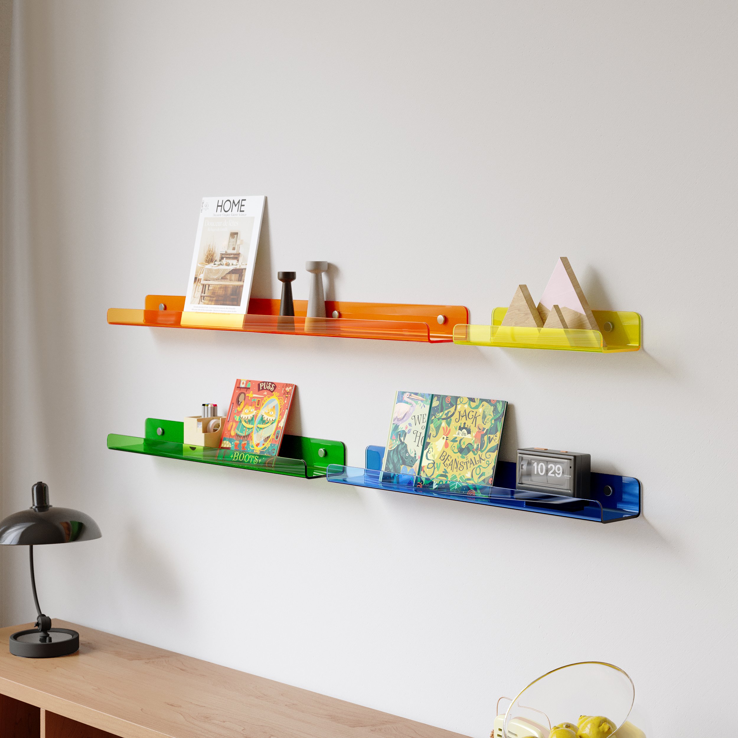 HMR - 4-Piece Neon Color Acrylic Wall Shelves Decorative Wall Mounted Floating Shelves