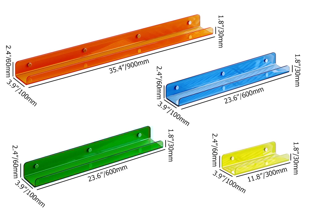 HMR - 4-Piece Neon Color Acrylic Wall Shelves Decorative Wall Mounted Floating Shelves