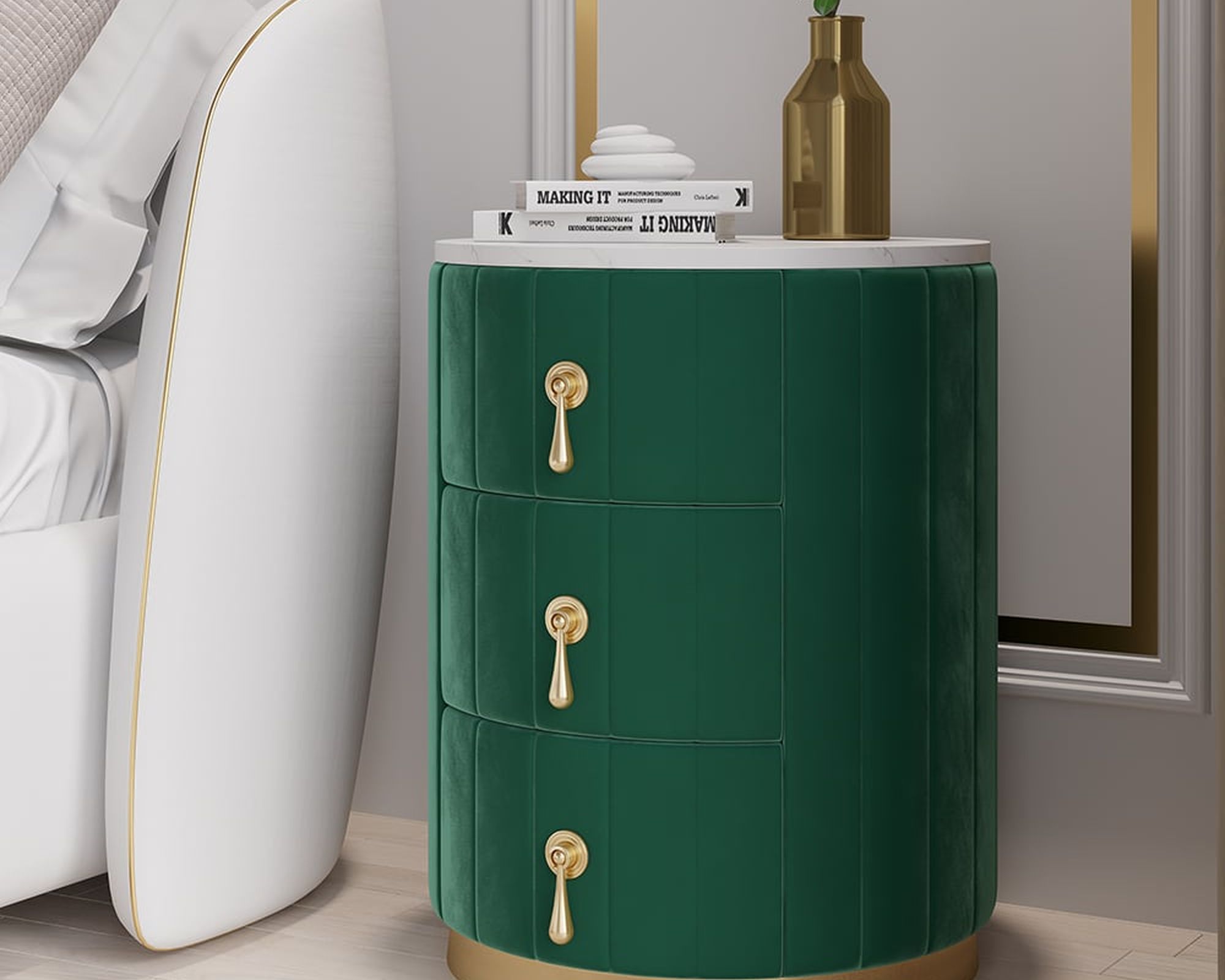 HMR 3-Drawer Round Nightstand (Set of 2) - Green, Velvet
