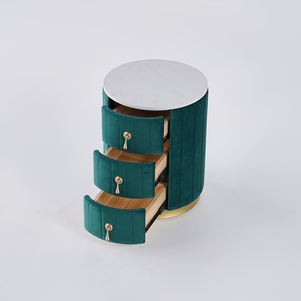 HMR 3-Drawer Round Nightstand (Set of 2) - Green, Velvet