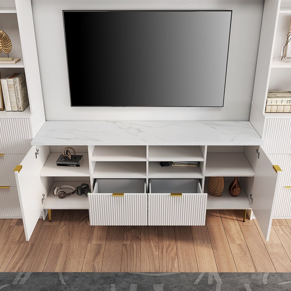 HMR - 114.2" Fluted Wood Storage 4-Piece Entertainment Center with Bookshelf White TV Stand