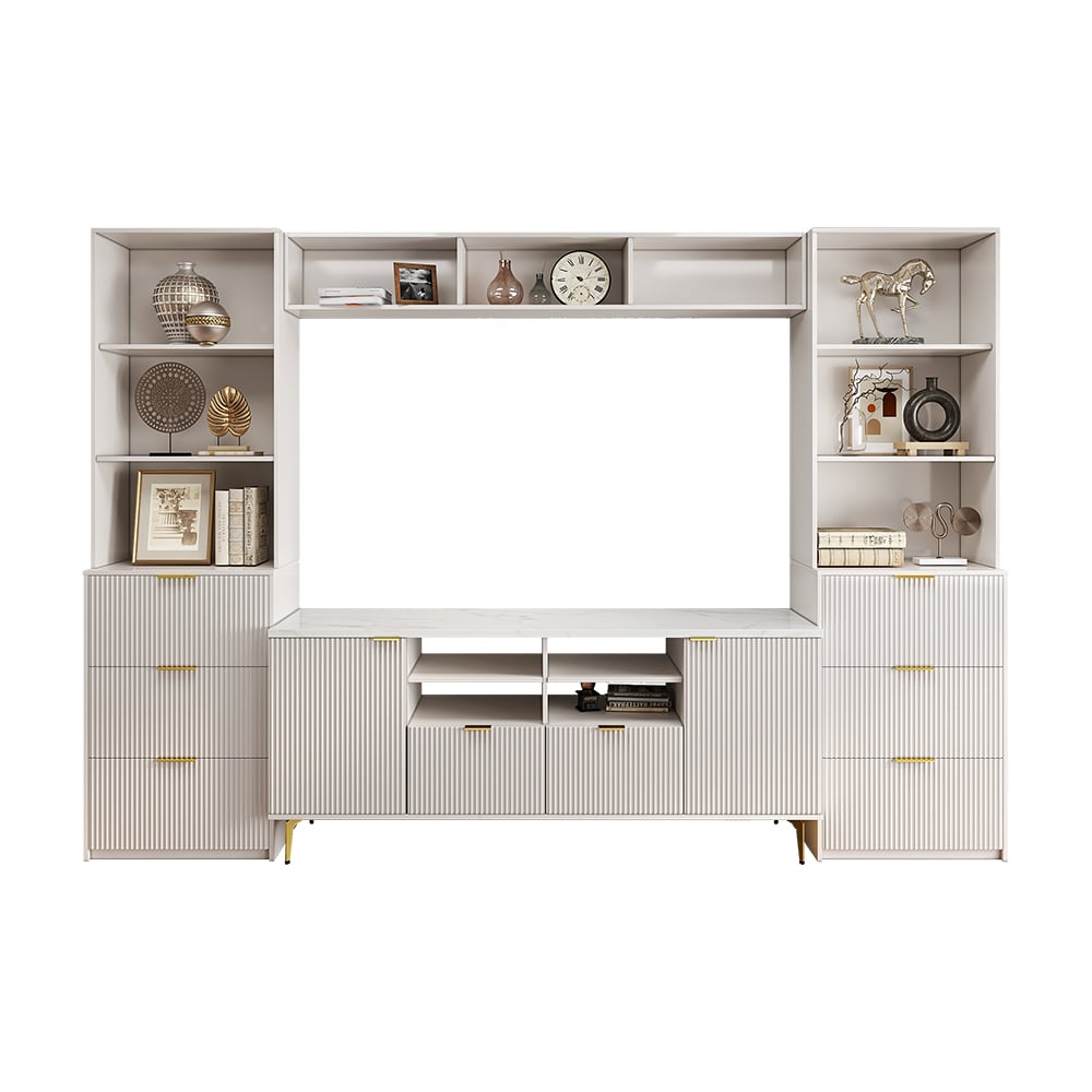 HMR - 114.2" Fluted Wood Storage 4-Piece Entertainment Center with Bookshelf White TV Stand